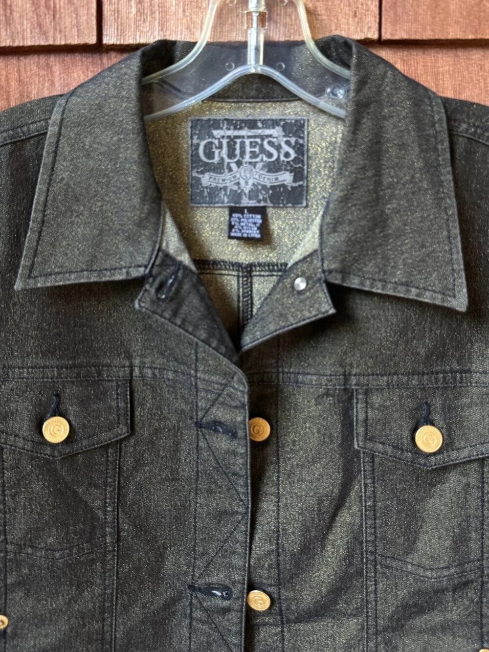 Vintage GUESS Metallic Gold Thread Black Denim Trucker Jacket in Women's Large
